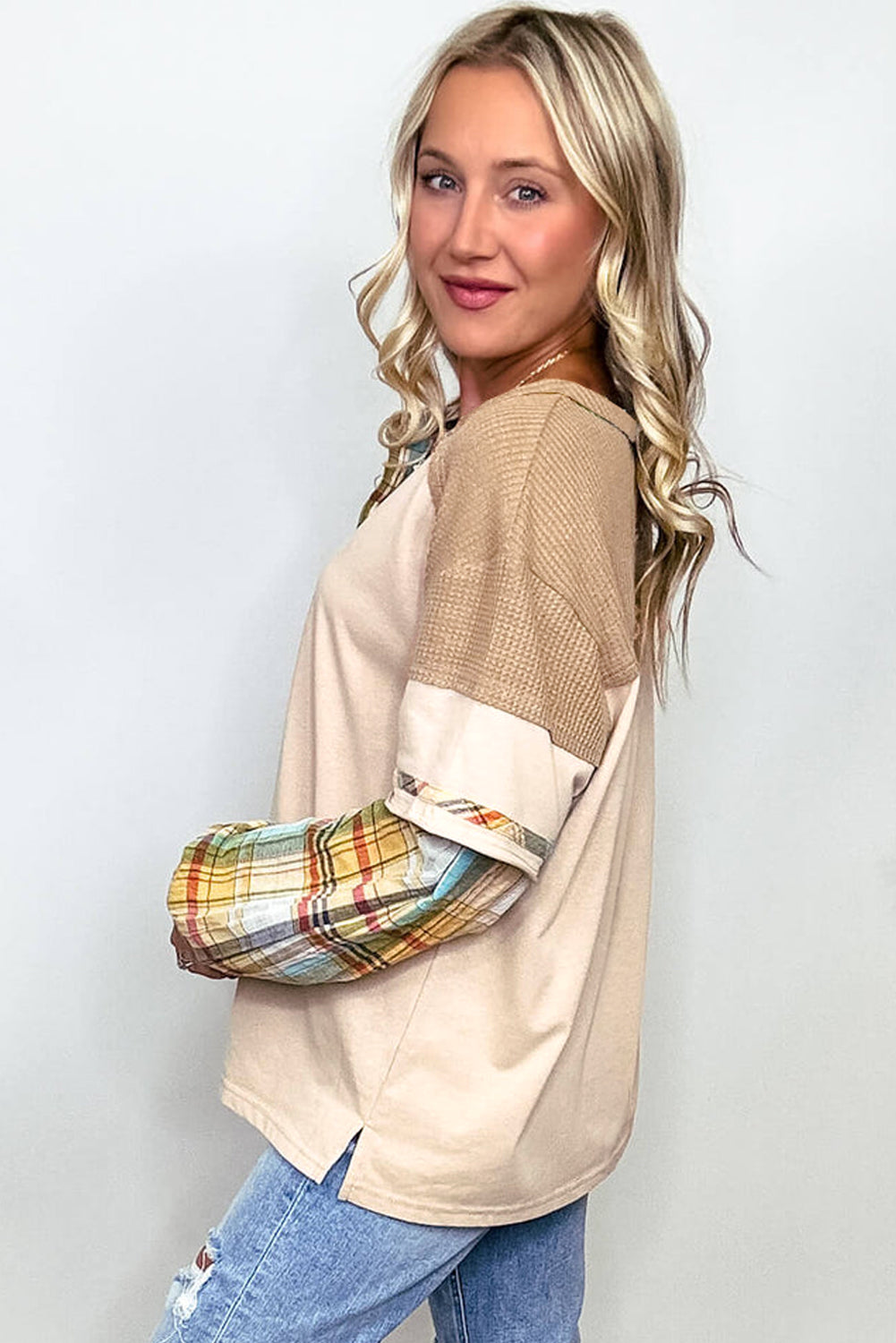 Parchment Plus Size Plaid Waffle Patchwork Henley Top - The Fair Lady Shop