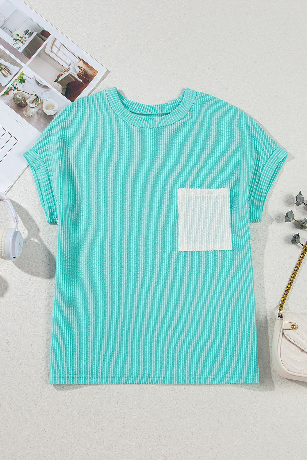 Light Blue Corded Colorblock Pocket Crew Neck T Shirt - The Fair Lady Shop