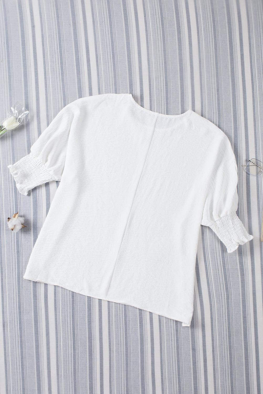 White Plain & Casual Shirred Cuffs Half Sleeve Top - The Fair Lady Shop