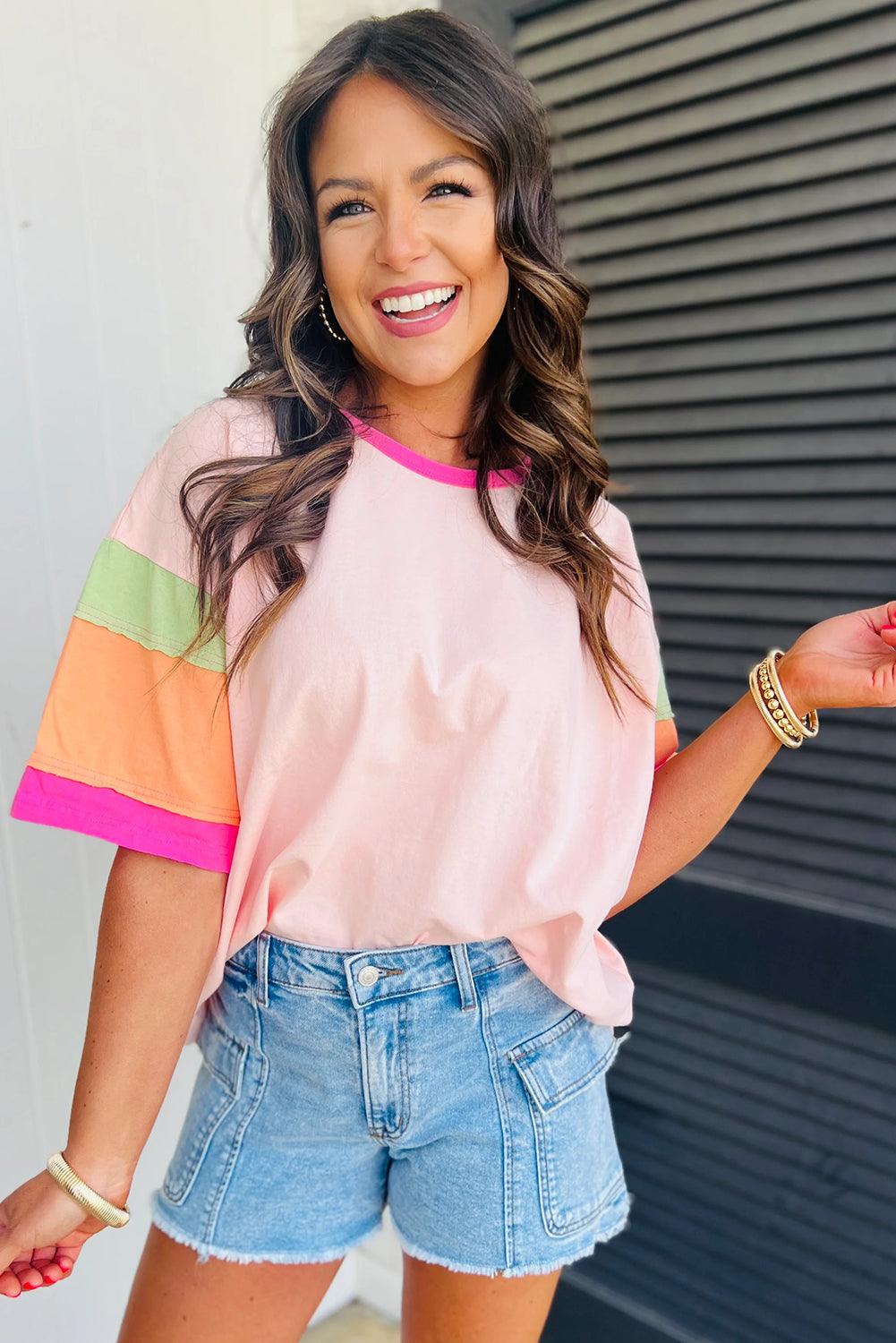 Pink Color Block Sleeve Round Neck Oversize Top - The Fair Lady Shop