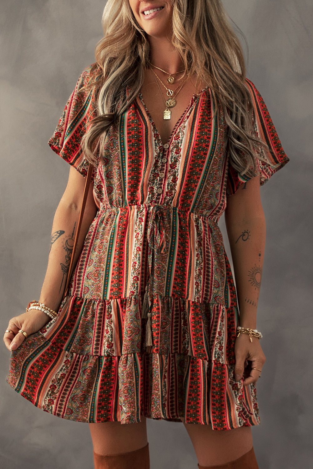 Red Bohemian Floral Print Buttoned V Neck Ruffle Tiered Dress - The Fair Lady Shop