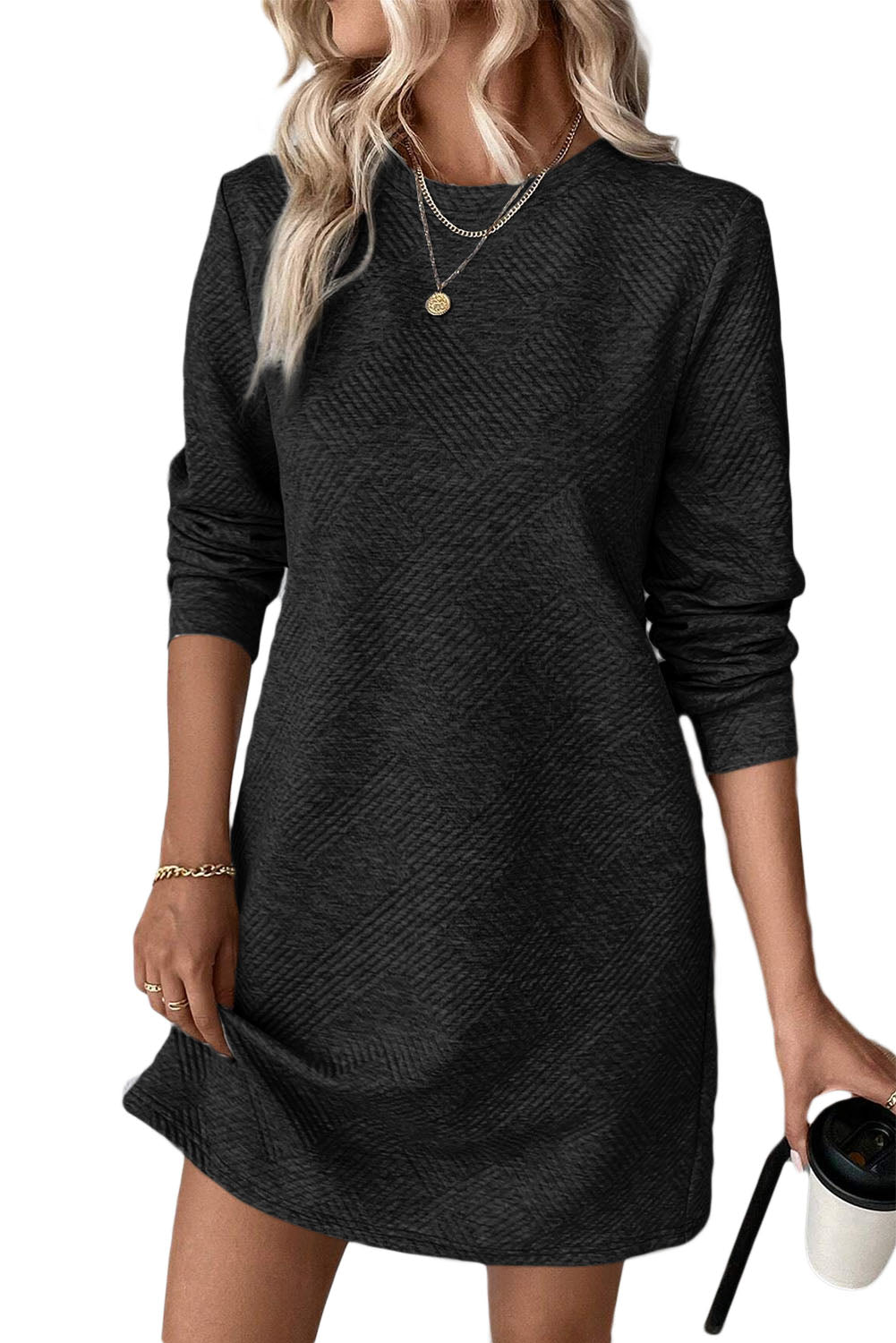 Apricot Plain Textured Long Sleeve Shift Short Dress - The Fair Lady Shop