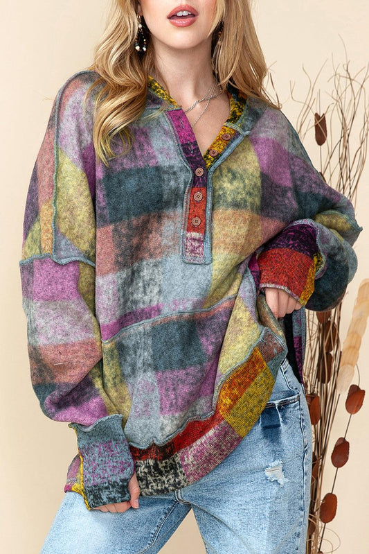 Multicolor Brushed Check Kangaroo Pocket Thumbholes Henley Hoodie - The Fair Lady Shop