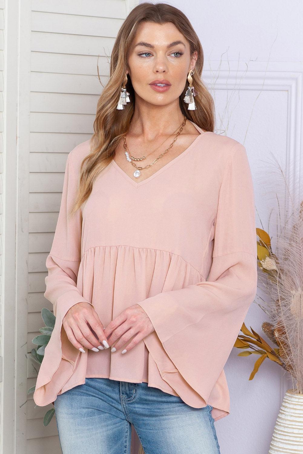 Pink Bell Sleeve Top V Neck Tie Back Peplum Blouse - The Fair Lady Shop