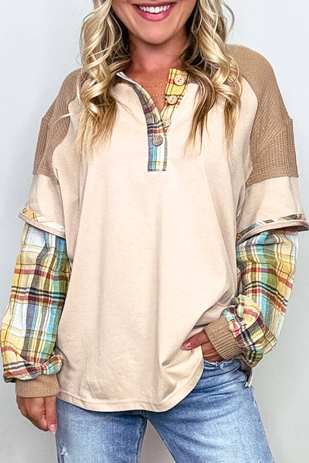 Parchment Plus Size Plaid Waffle Patchwork Henley Top - The Fair Lady Shop