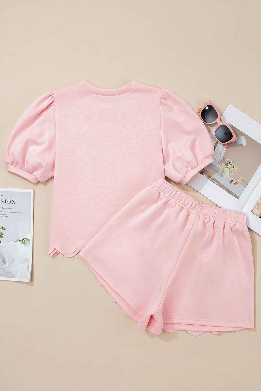 Light Pink Puff Sleeve Pearl Embellished Scallop Hem 2-Piece Shorts Set