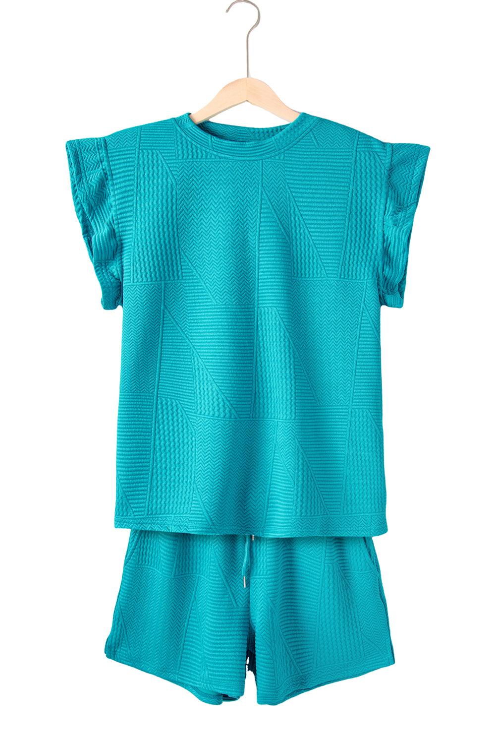 Dark Green Textured Ruffle Split Top and Drawstring Shorts Set - The Fair Lady Shop