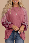 Mineral Red Contrast Print Striped Raglan Long Sleeve Loose Top