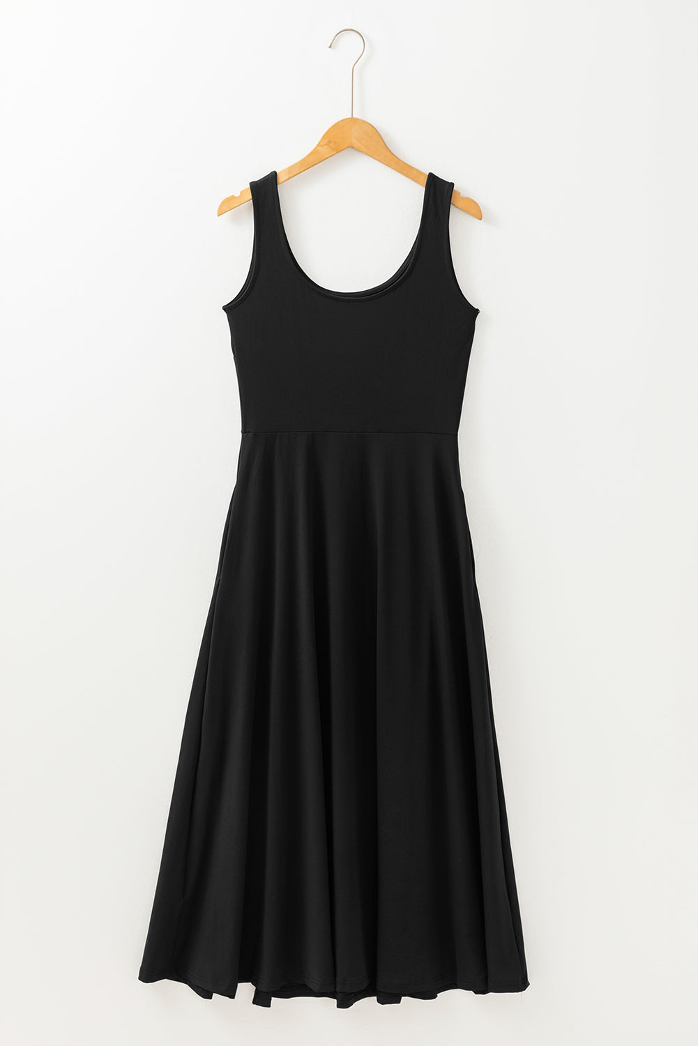 Black Sleeveless Scoop Neck Flared Split Midi Dress - The Fair Lady Shop