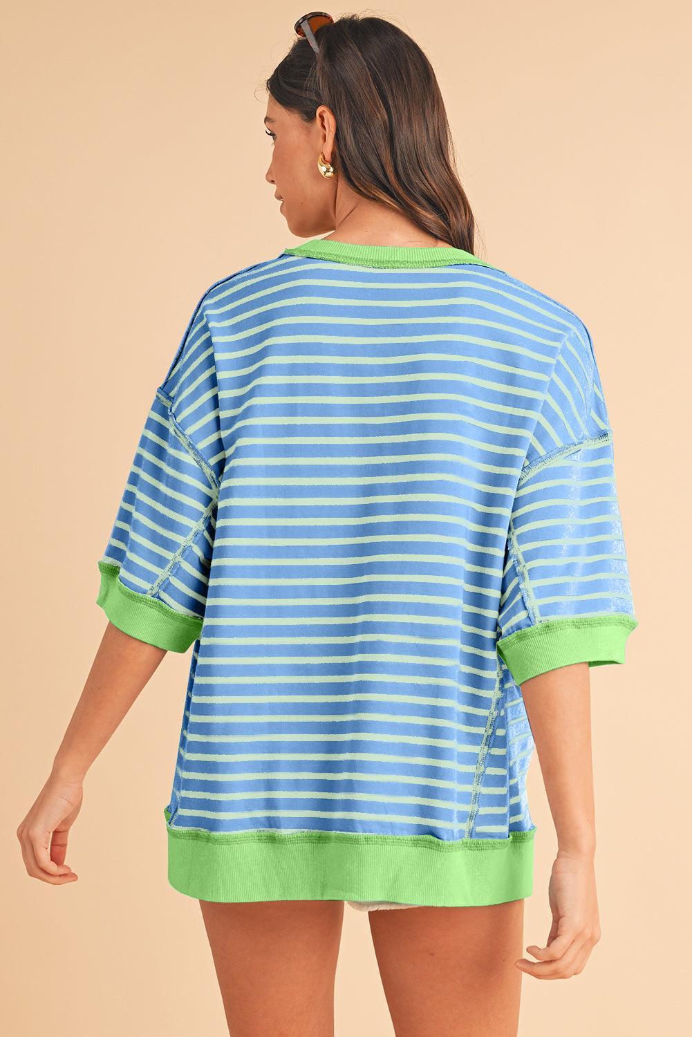 Pink Stripe Colorblock Drop Sleeve Oversized T Shirt - The Fair Lady Shop