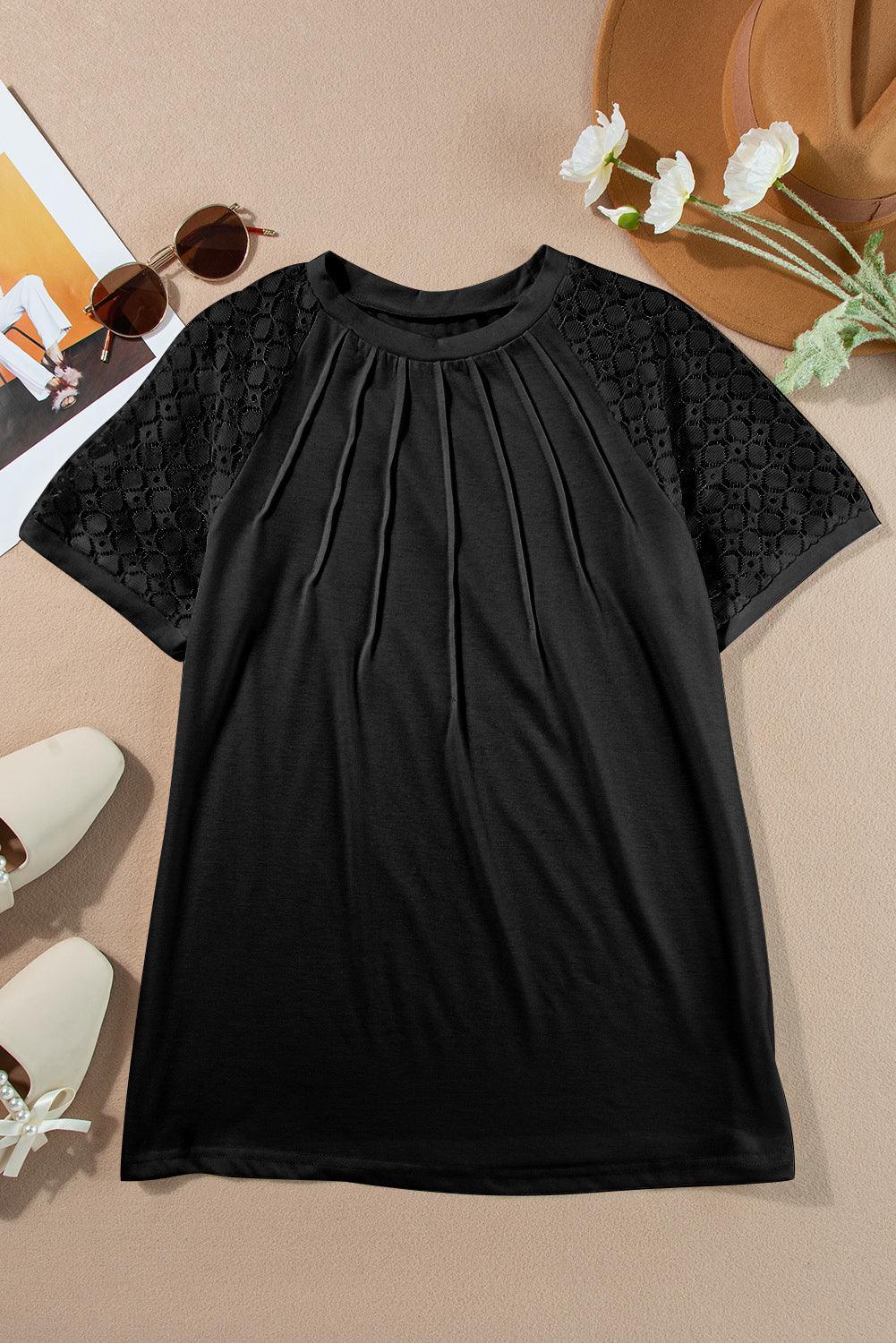 Pale Khaki Seamed Detail Contrast Lace Raglan Sleeve Tee - The Fair Lady Shop