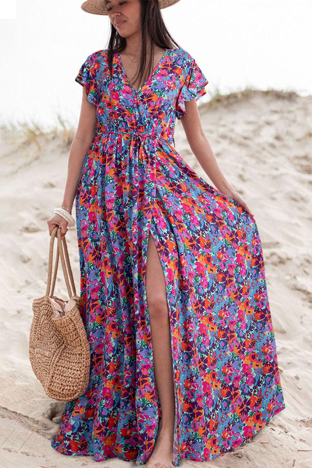 Blue Boho Floral Print V Neck Wrap Split Maxi Dress - The Fair Lady Shop