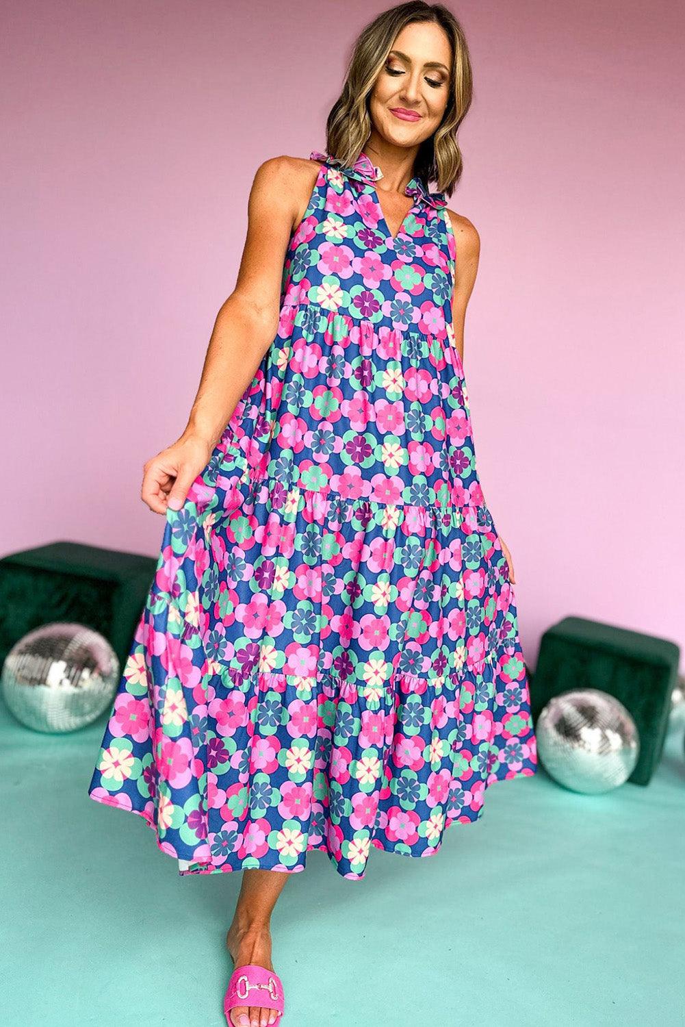 Sky Blue 60s Flower Split Neck Sleeveless Tiered Maxi Dress - The Fair Lady Shop