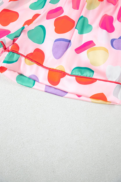Pink Full Heart Pattern Shirt and Shorts Satin Pajama Set - The Fair Lady Shop