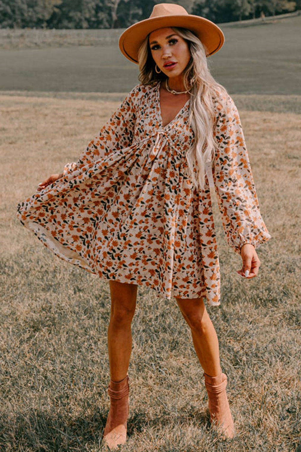Beige Floral Smocked V Neck Bubble Sleeve Babydoll Dress - The Fair Lady Shop