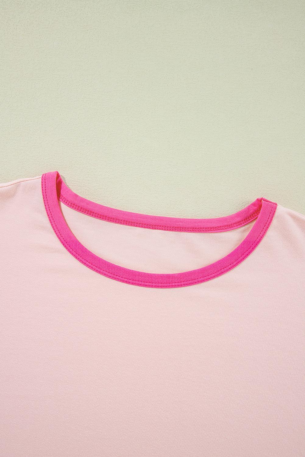 Pink Color Block Sleeve Round Neck Oversize Top - The Fair Lady Shop