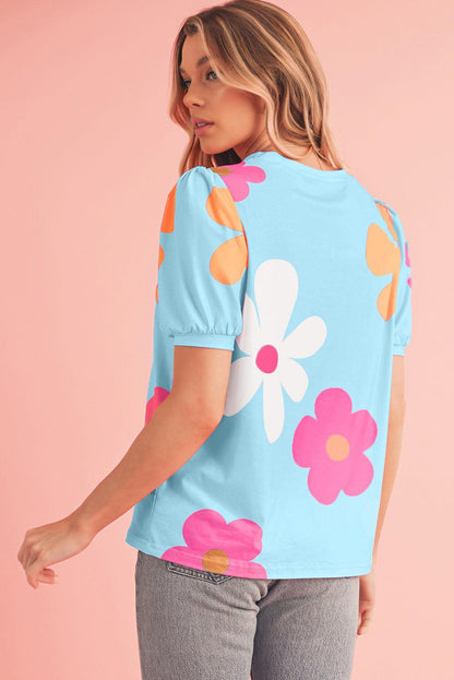 Apricot Colorful Flower Print Bubble Sleeve Tee - The Fair Lady Shop