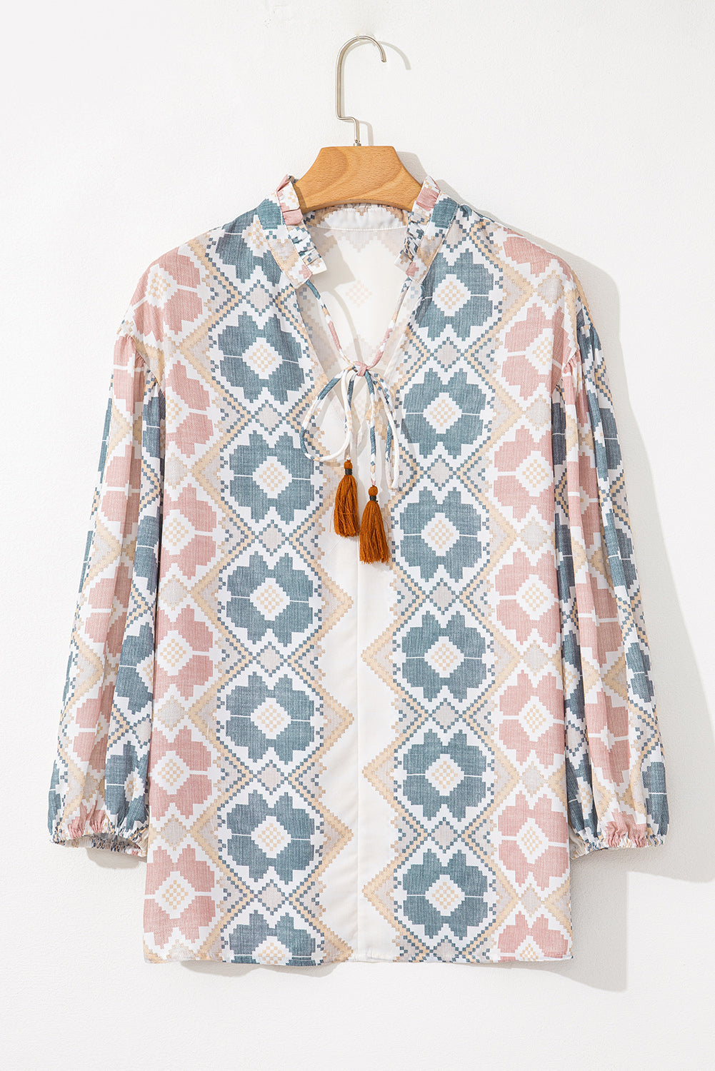 Khaki Geometric Print Tassel Tie Split Neck Balloon Sleeve Blouse - The Fair Lady Shop