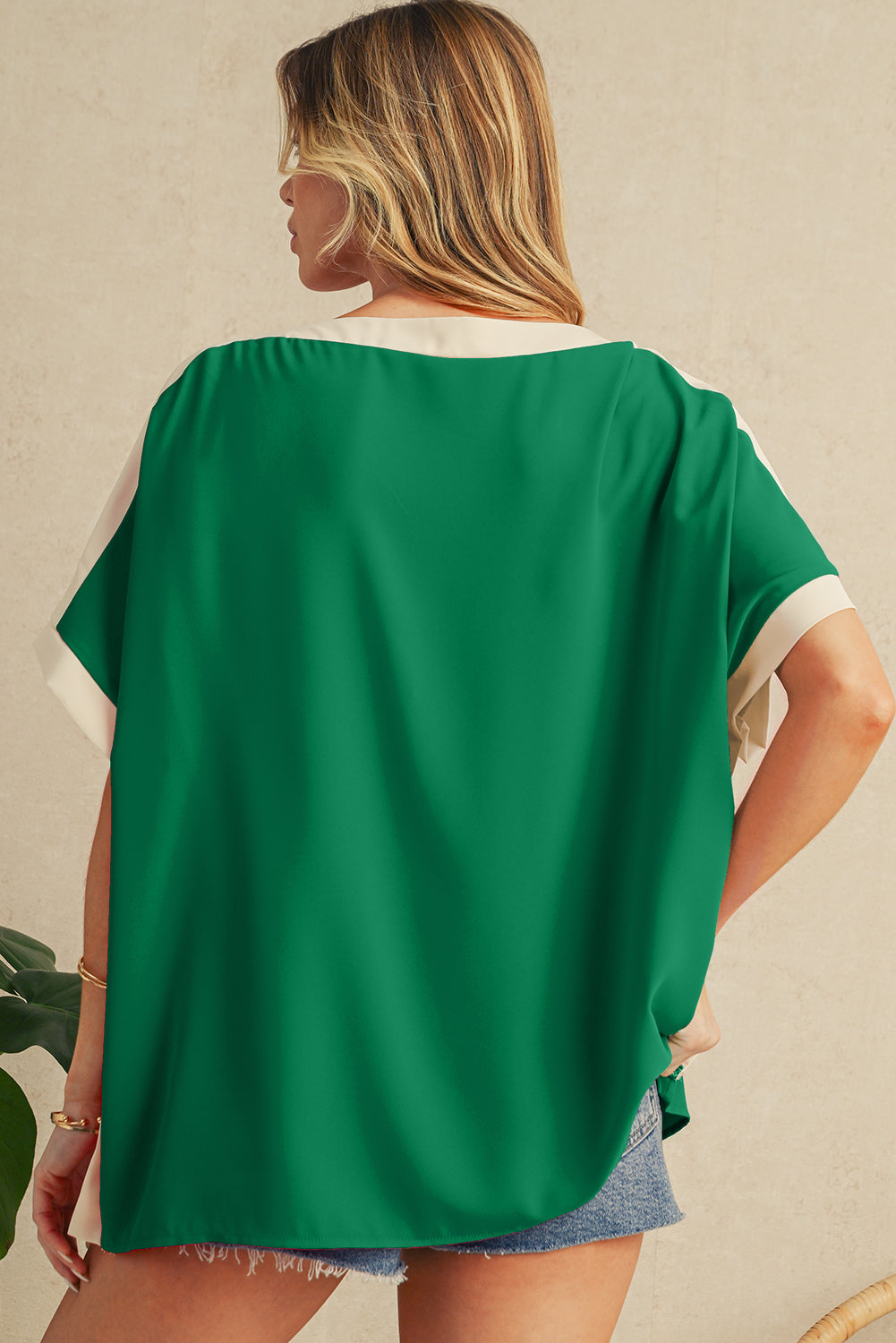Green Colorblock Batwing Sleeve Boat Neck Blouse - The Fair Lady Shop