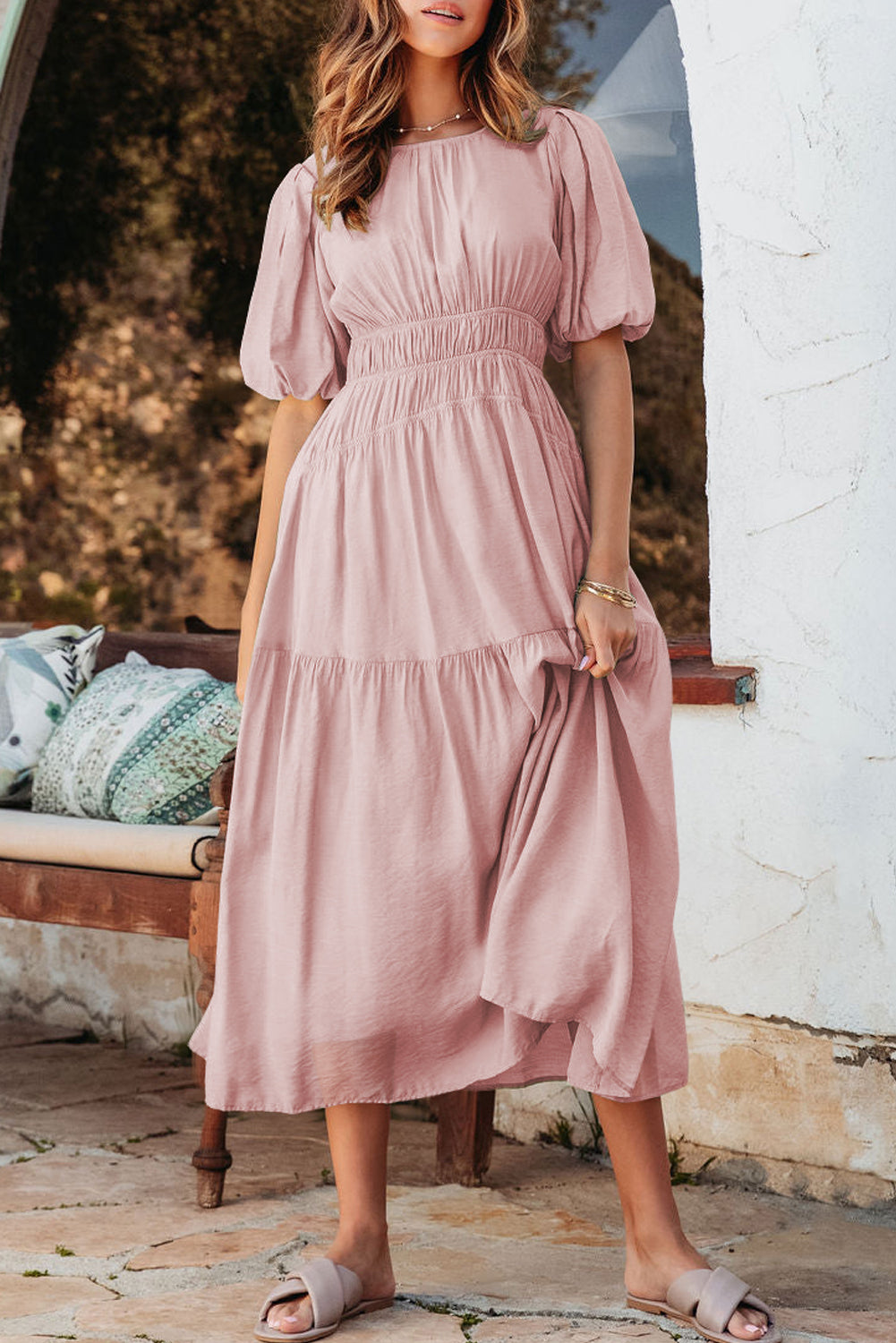 Pink Puff Sleeve High Waist Flowy Midi Dress - The Fair Lady Shop