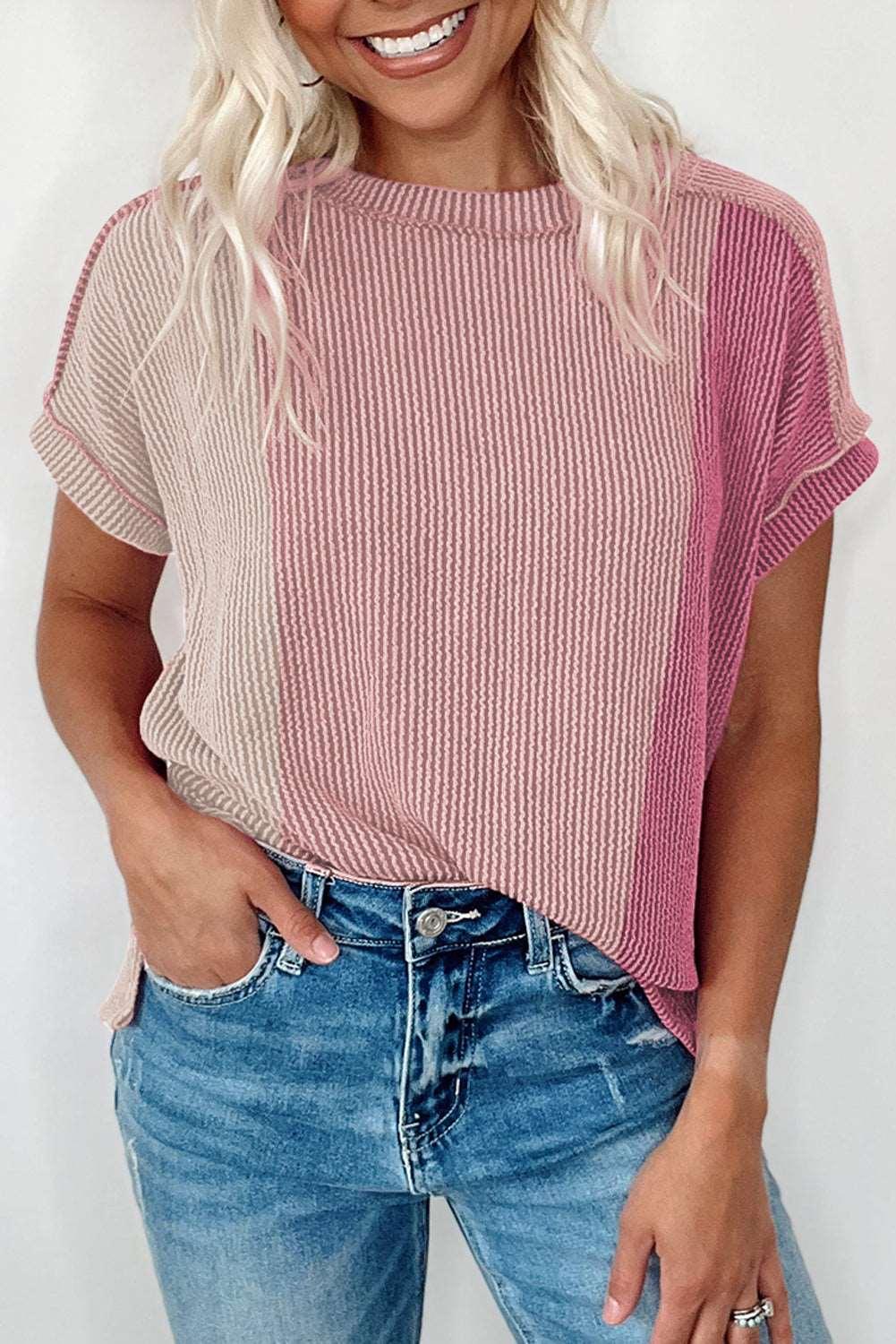 Apricot Pink Colorblock Ribbed Round Neck T Shirt - The Fair Lady Shop