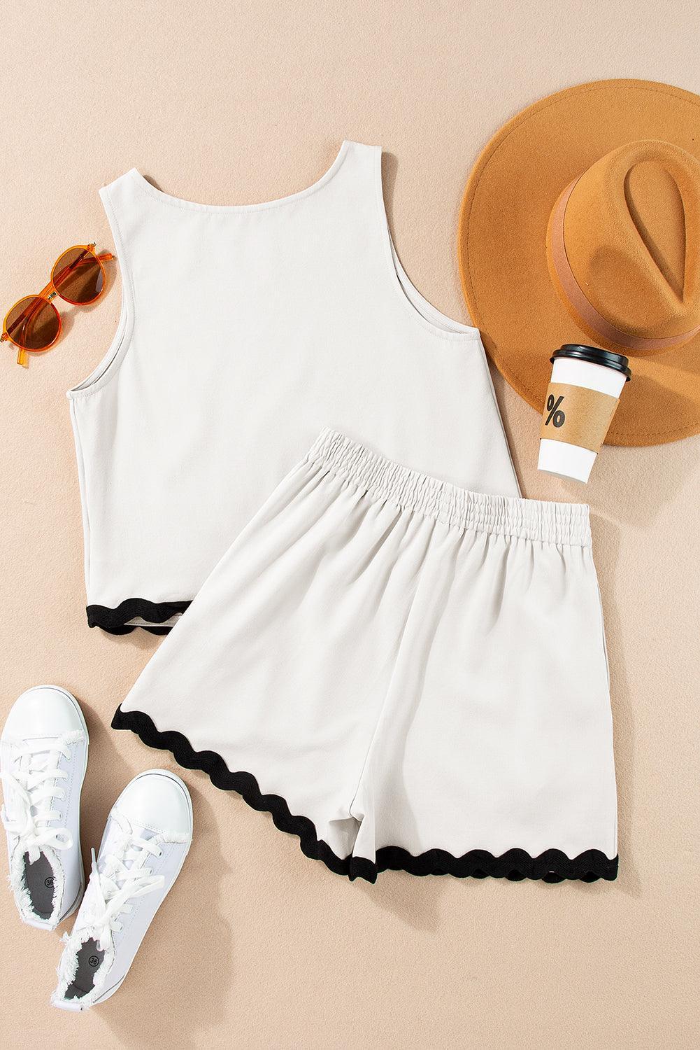 White Ricrac Applique Sleeveless Top and Pocketed Shorts Set - The Fair Lady Shop