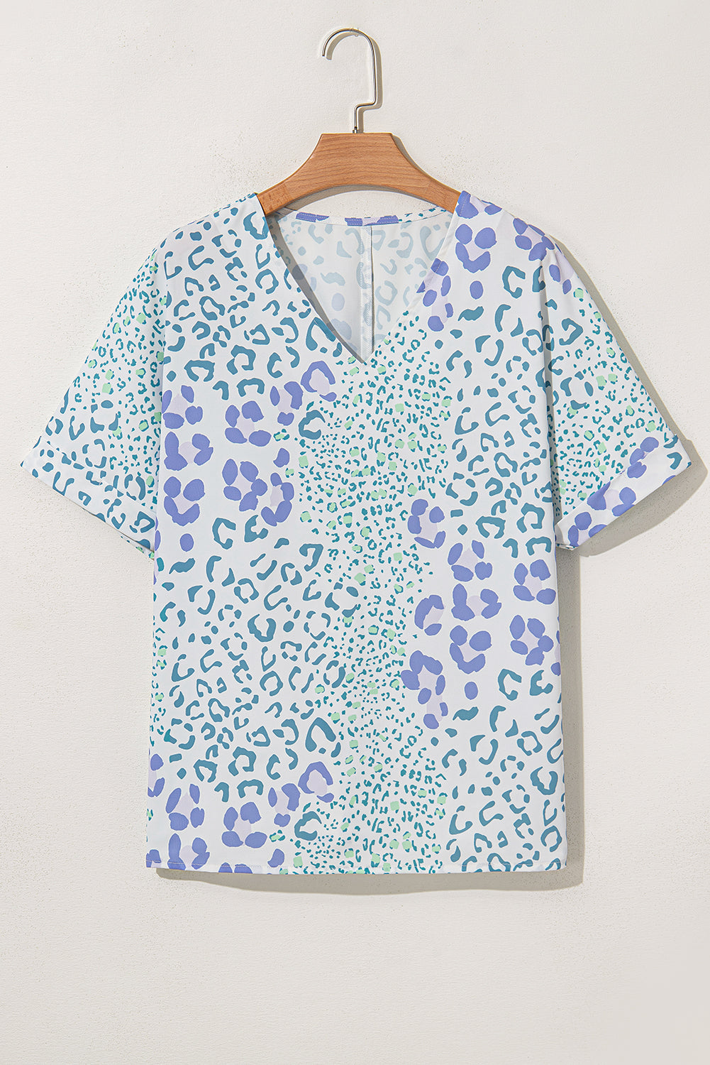 Sky Blue Leopard Print V Neck Short Sleeve Blouse - The Fair Lady Shop