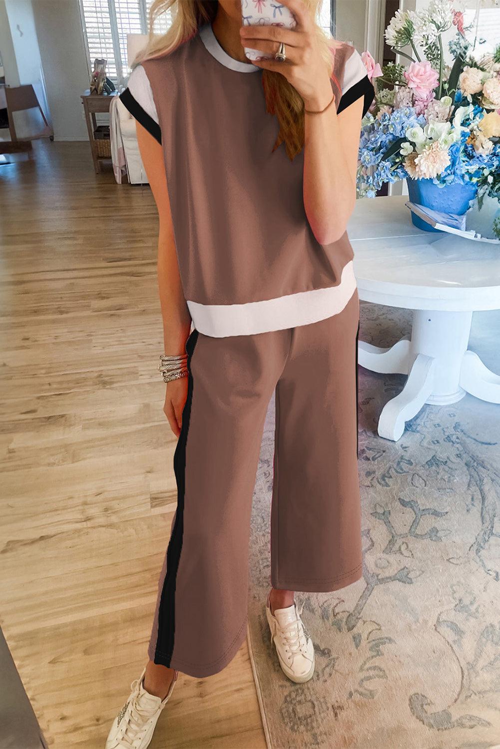 Chestnut Colorblock Cap Sleeve Tee and Wide Leg Pants Set - The Fair Lady Shop