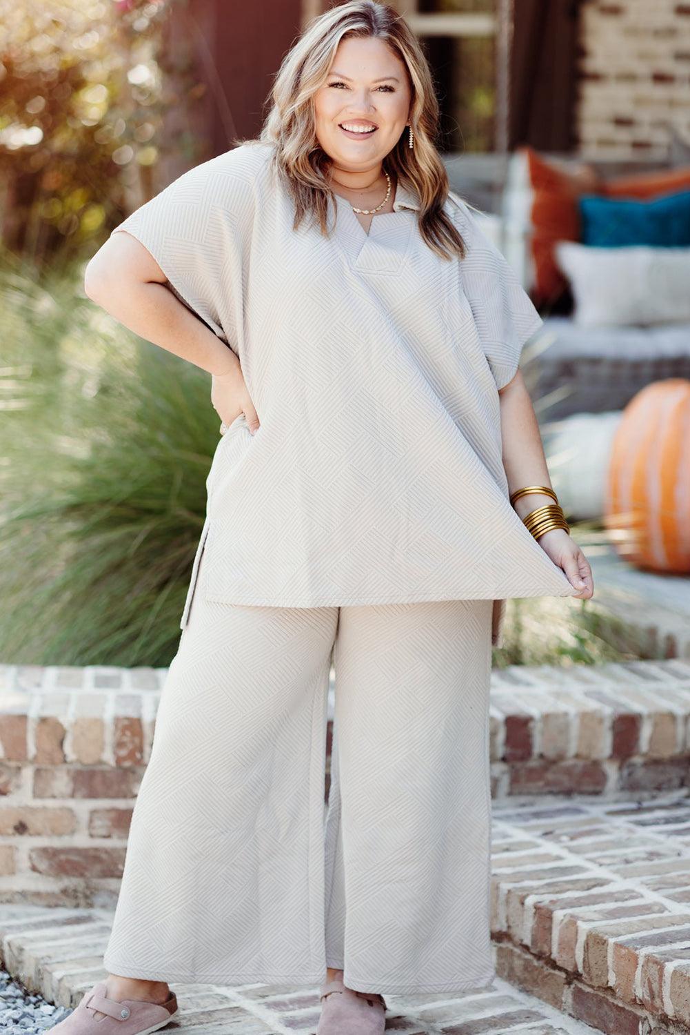 Beige Plus Size Textured Collared Top and Drawstring Pants Set - The Fair Lady Shop