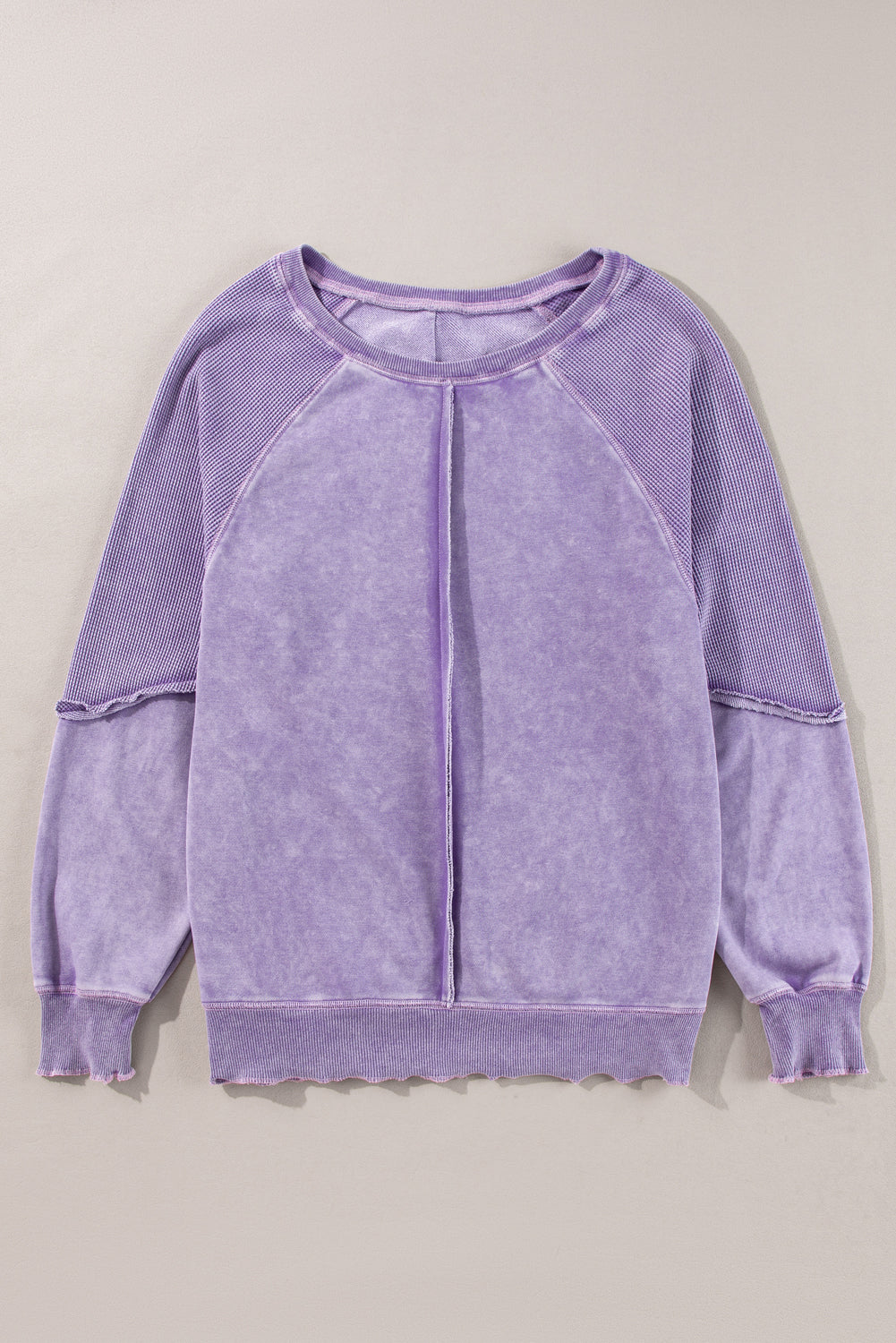 Orchid Petal Waffle Patchwork Raglan Sleeve Exposed Seam Sweatshirt - The Fair Lady Shop