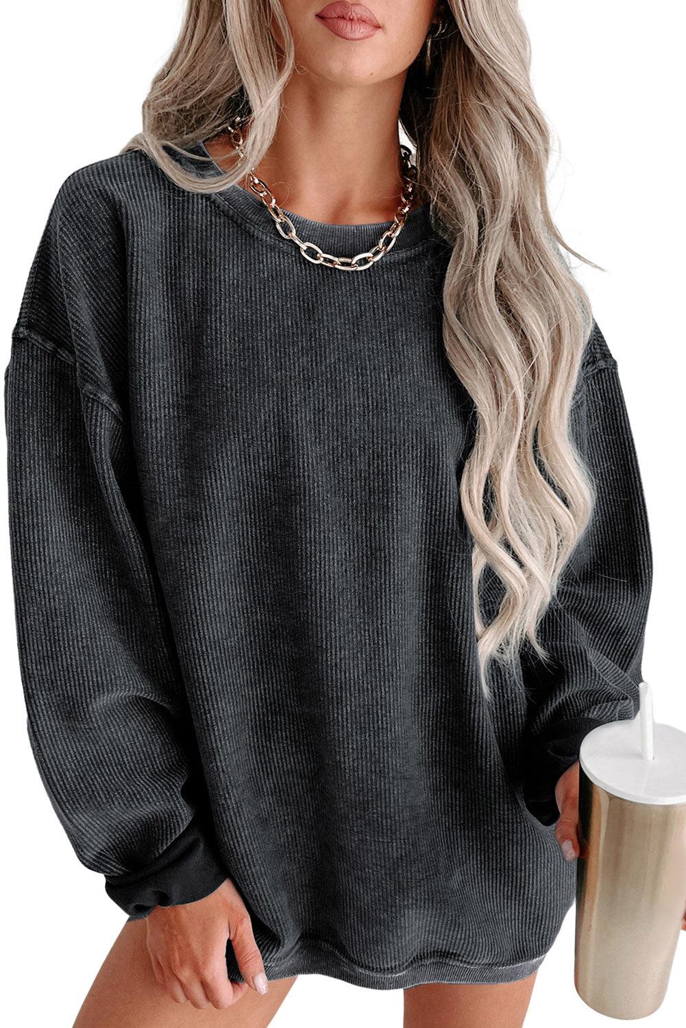 Khaki Solid Ribbed Round Neck Pullover Sweatshirt - The Fair Lady Shop