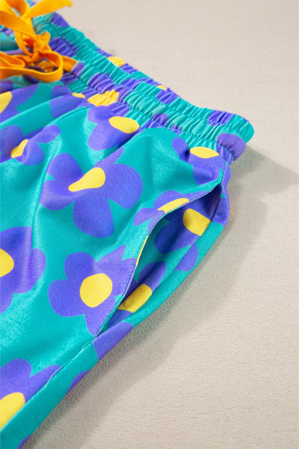 Green Flower Print Buttoned Shirt and Drawstring Waist Pajama Set - The Fair Lady Shop