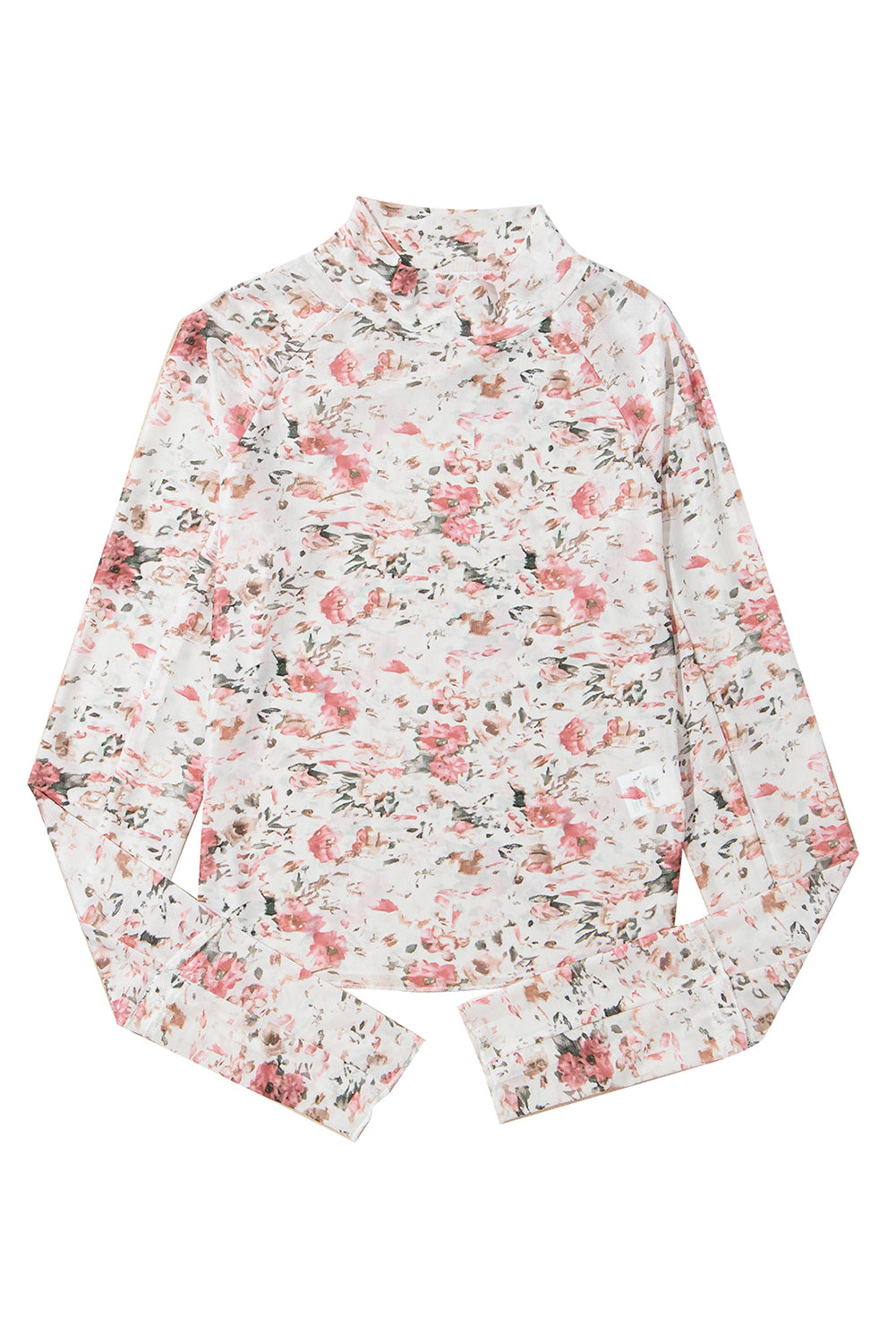Pink Floral Print Mesh Mock Neck Slim Blouse - The Fair Lady Shop