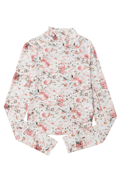 Pink Floral Print Mesh Mock Neck Slim Blouse - The Fair Lady Shop