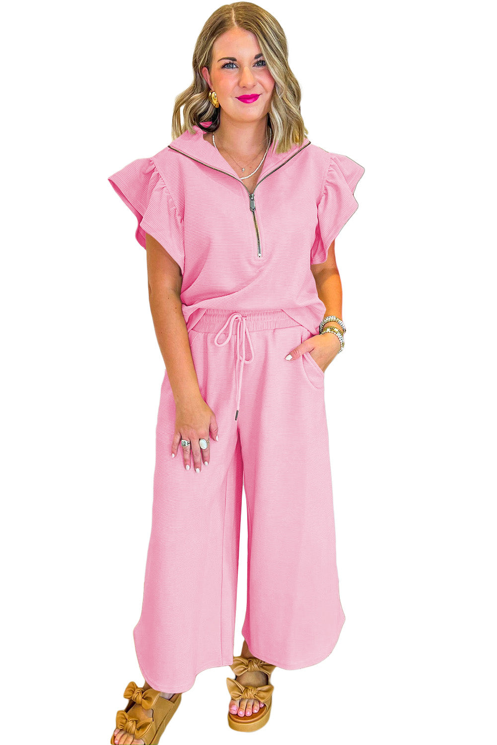 Pink Textured Ruffle Sleeve Zipped Top and Wide Leg Pants Set - The Fair Lady Shop
