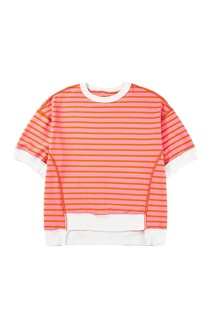 Pink Stripe Colorblock Drop Sleeve Oversized T Shirt - The Fair Lady Shop