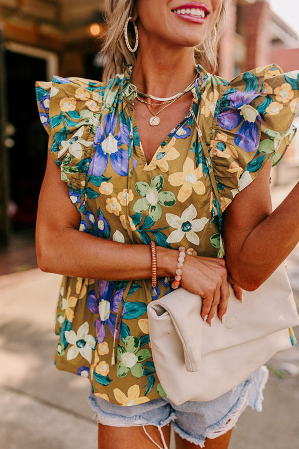 Yellow Floral Print Tie V Neck Ruffle Top - The Fair Lady Shop