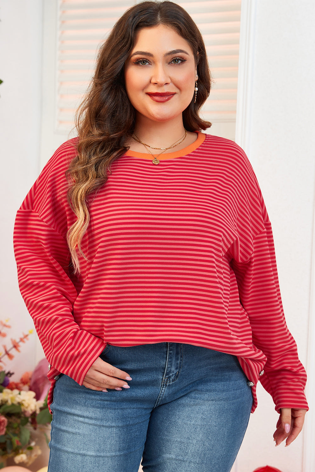 Orange Stripe Plus Size Drop Shoulder Long Sleeve Top - The Fair Lady Shop