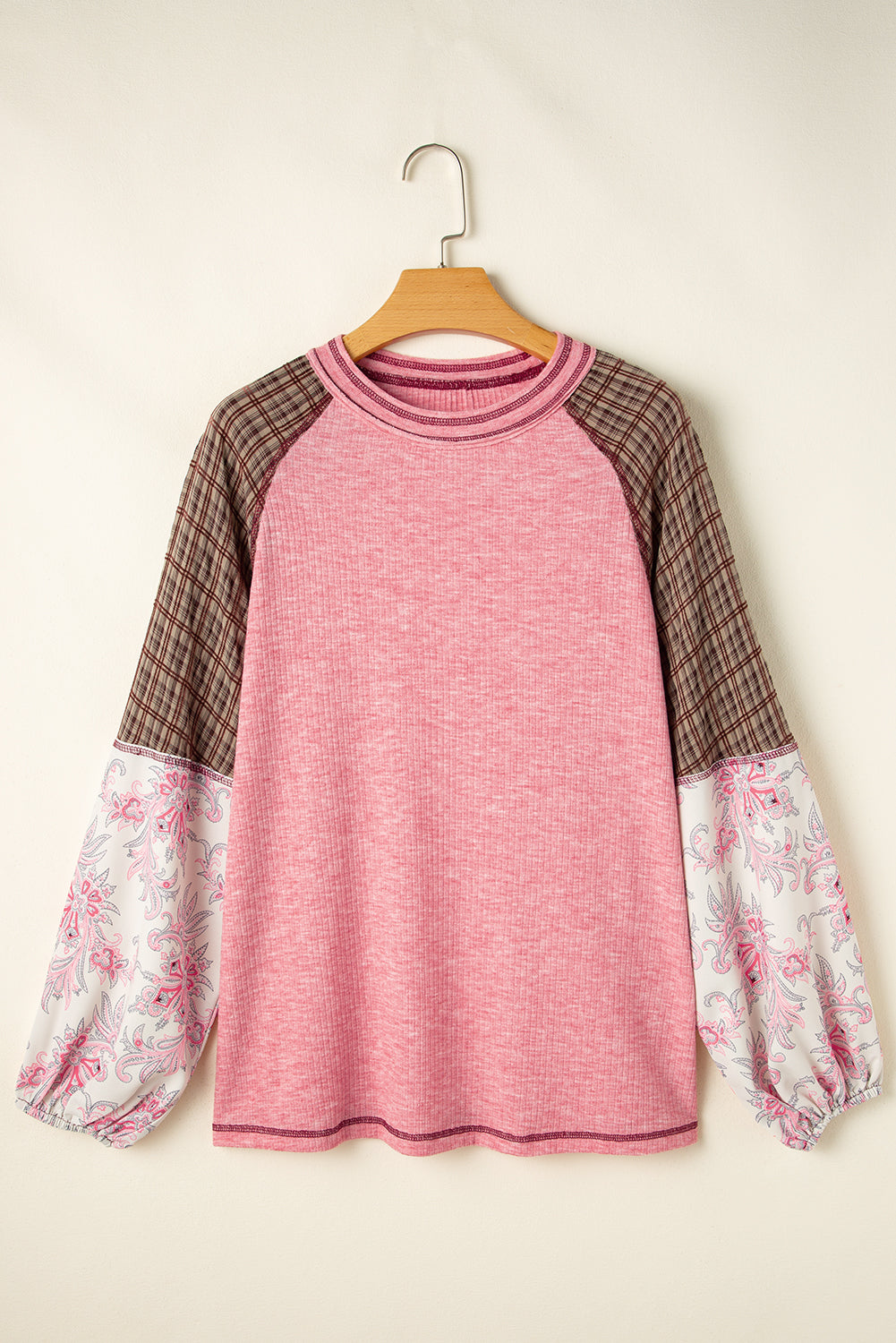 Fushia Floral Plaid Mixed Print Patchwork Raglan Ribbed Top - The Fair Lady Shop