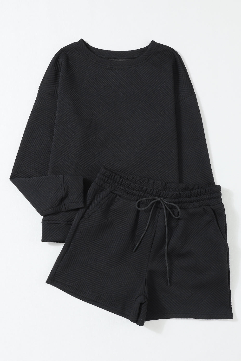 Black Textured Long Sleeve Top & Drawstring Shorts Set - The Fair Lady Shop