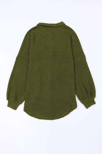 Khaki Waffle Knit Pocket Button Front Shacket - The Fair Lady Shop