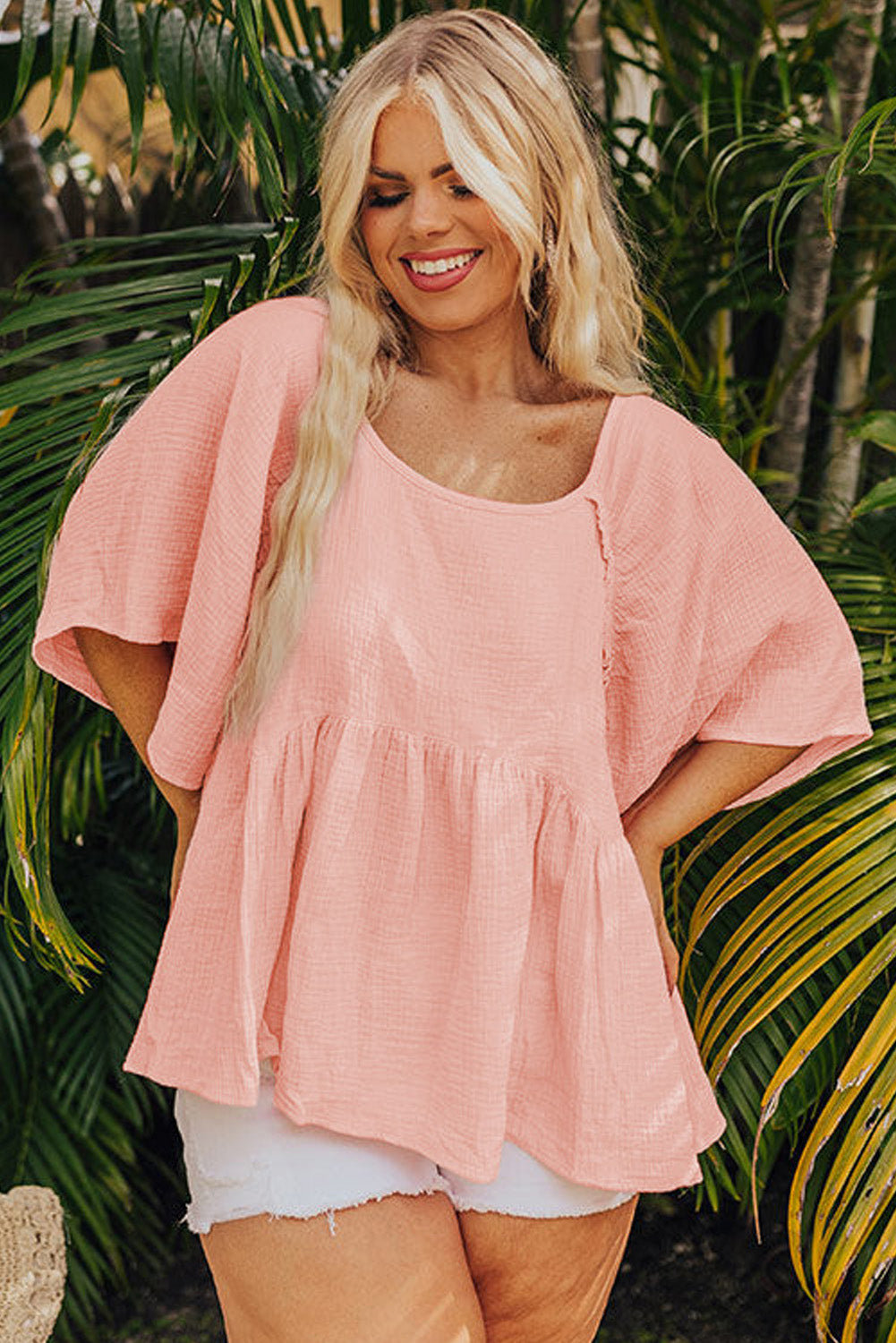 Apricot Pink Plus Size Crinkle Flounce Sleeve Babydoll Blouse - The Fair Lady Shop