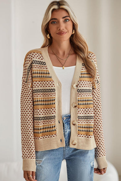 Khaki Geometric Pattern Button Front V Neck Cropped Cardigan - The Fair Lady Shop