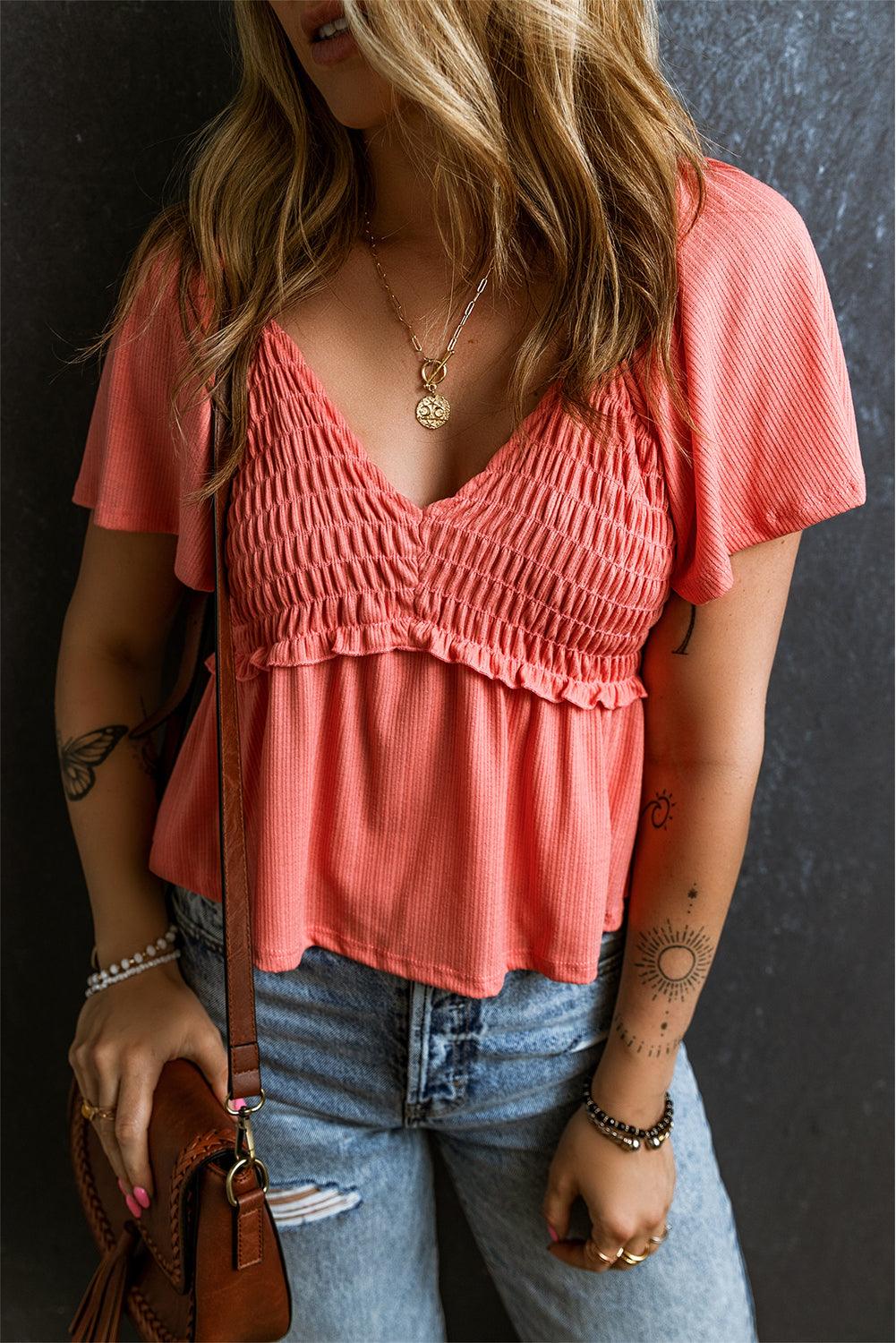 Tomato Red Shirred V Neck Short Flutter Sleeve Textured Blouse - The Fair Lady Shop