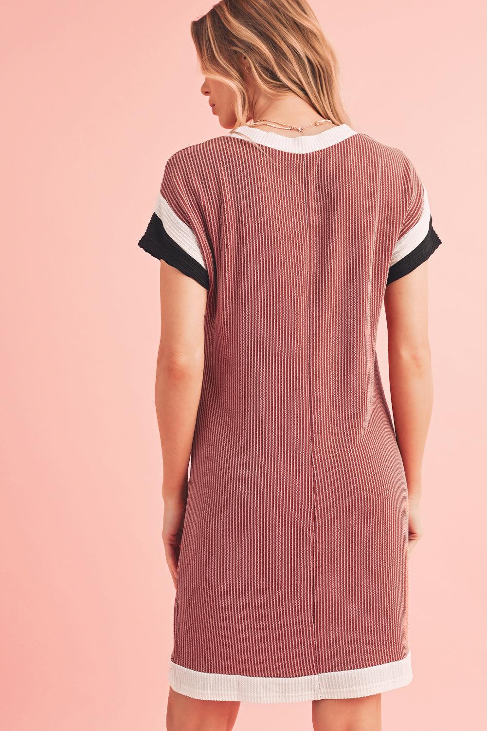 Light French Beige Rib Textured Colorblock Pocket T Shirt Dress - The Fair Lady Shop