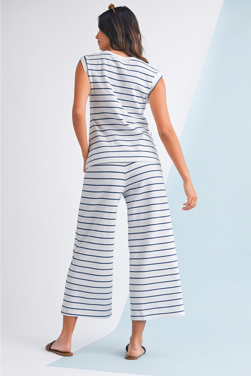 Sail Blue Casual Striped Tee and Wide Leg Pants Set - The Fair Lady Shop