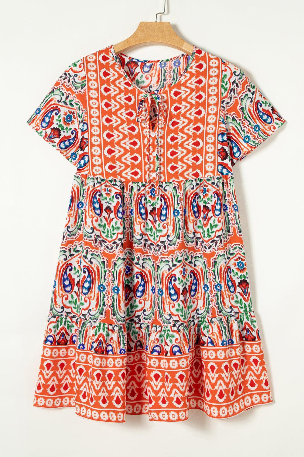 Orange Bohemian Tie Neck Flounce Sleeve Ruffle Hem Mini Dress - The Fair Lady Shop