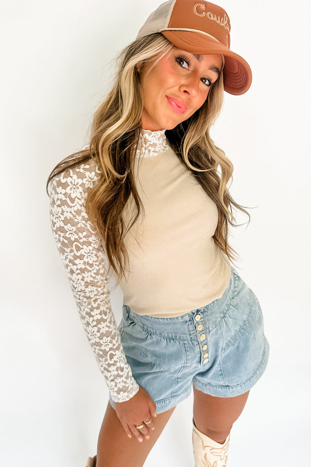 Beige Floral Lace Patchwork Long Sleeve High Neck Slim Top - The Fair Lady Shop