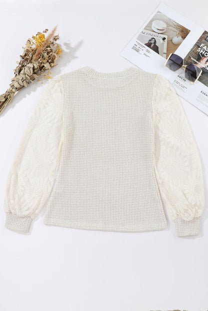 Peach Blossom Sunflower Lace Long Sleeve Waffle Knit Top - The Fair Lady Shop