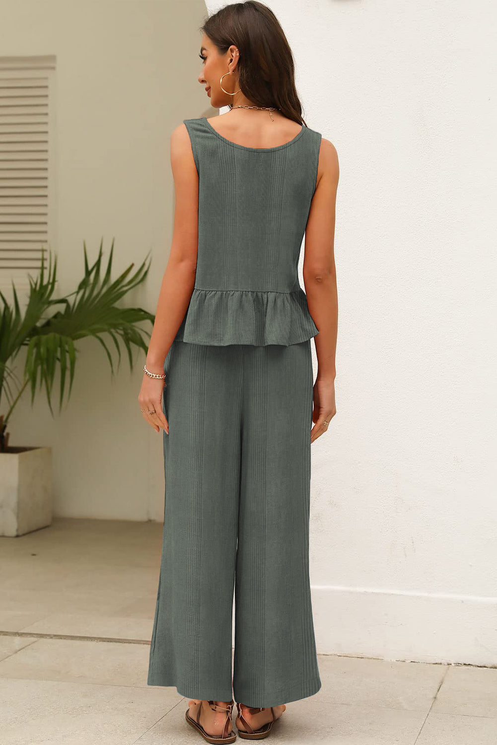 Duffel Green Solid Color Ribbed Ruffle Tank Top and Pants Set - The Fair Lady Shop